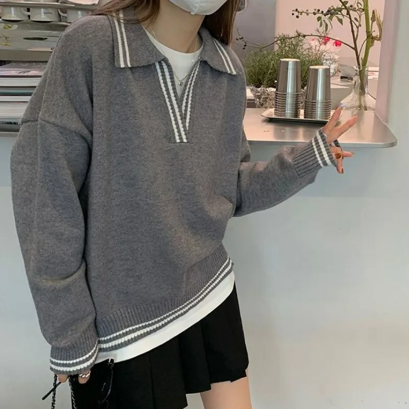 Deeptown Y2k Vintage Oversized Gray Sweaters Woman Harajuku Korean Style Jerseys Casual Japanese 2000s Knit Pullovers Autumn