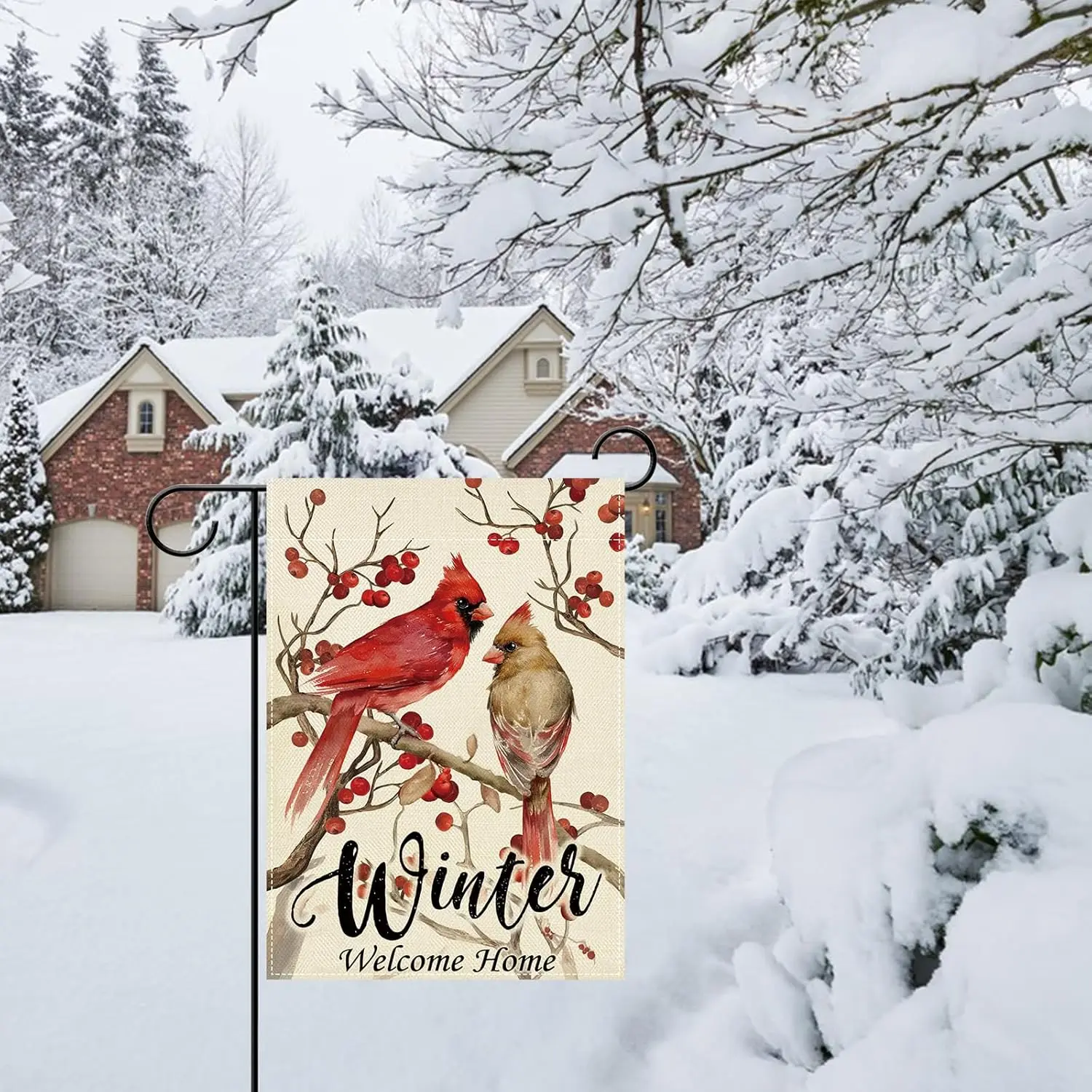 Artofy Winter Cardinal Small Decorative Garden Flag, Welcome Home Red Birds Berries Branches Yard Lawn Outside Decor, Christ EEZ