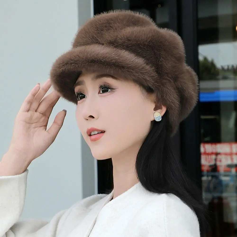 Fashion Protection From Cold Women Beret Solid Color Imitation Mink Thick Warm Hat Light Luxury Female Peaked Cap