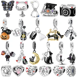 925 Sterling Silver Black Cat Collection Charms Beads Paw Print Pendant Fit Original DIY Bracelet Gift Women Jewelry