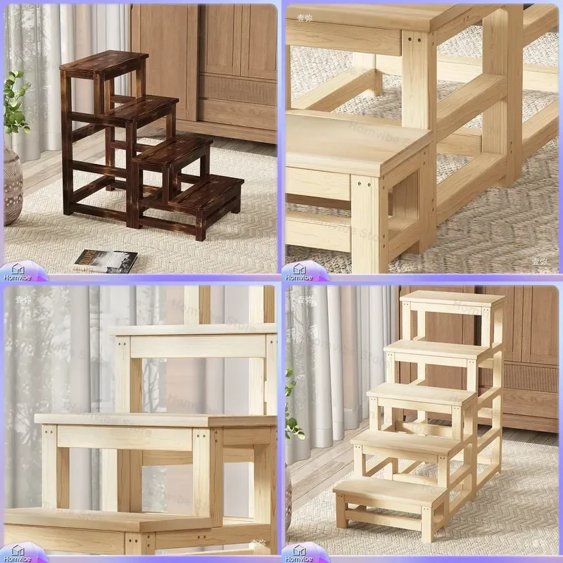 Solid Wood Step Stool 4 Step Ladder Thickened Folding Climbing Stairs Portable Household Kitchen Library Shelf Furniture