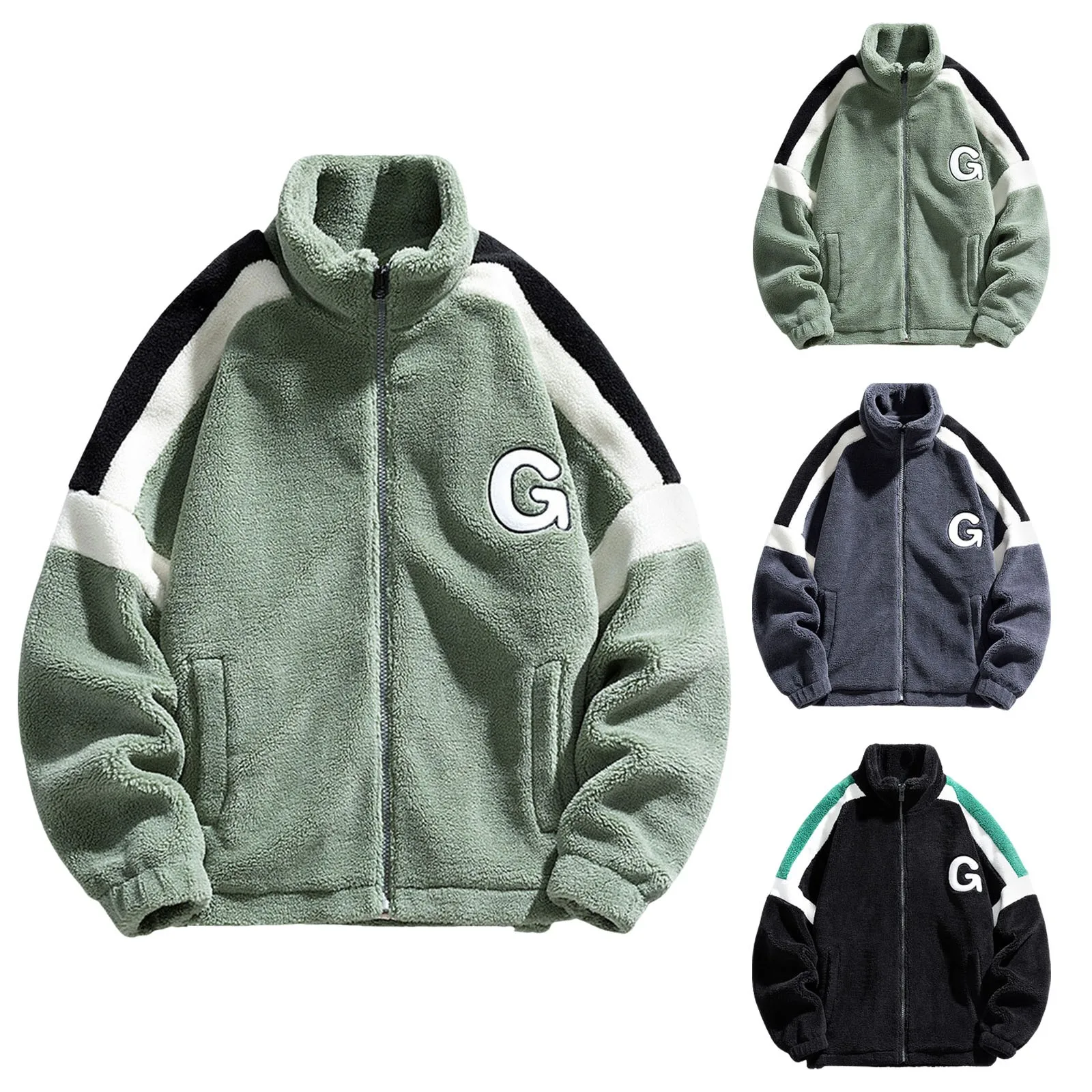 

Male Patchwork Jacket Outerwear Teddy Fleece With Stand Up Collar Winter Jacket Sweat Jacket With Zip Light Rain Jackets for Men
