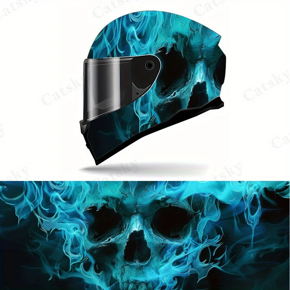 Blue Light Flame Helmet Sticker - High-quality PVC, Shocking Blue Flame Skull Pattern, Motorcycle Helmet Aesthetic Transformatio