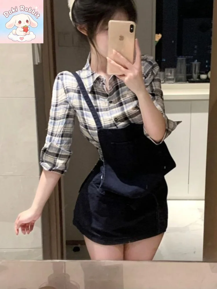 Korean Fashion Elegant Women's 2 Piece Set Plaid Long Sleeve Shirt + Design Black Suspender Skirt Y2k Summer Streetwear Outfits view 5