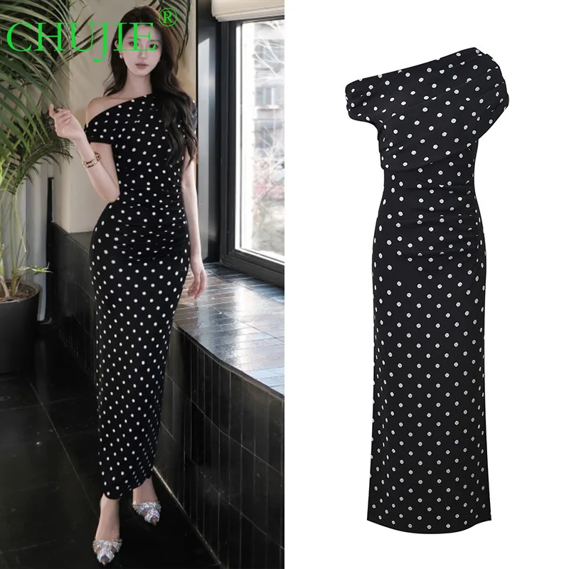 

CHUJIE 2025 Spring Summer New Polka Dot Asymmetrical Shoulder Slim Fit Waist Ruched Design Bodycon Long Knitted Dress