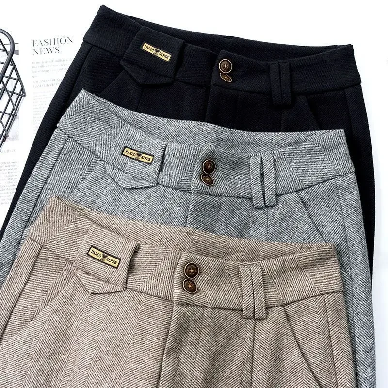 Autumn Casual Pants Black Thickened Warm Double Buckle Harem Pants for Women High-Waisted Versatile Wool Herringbone Pants Women
