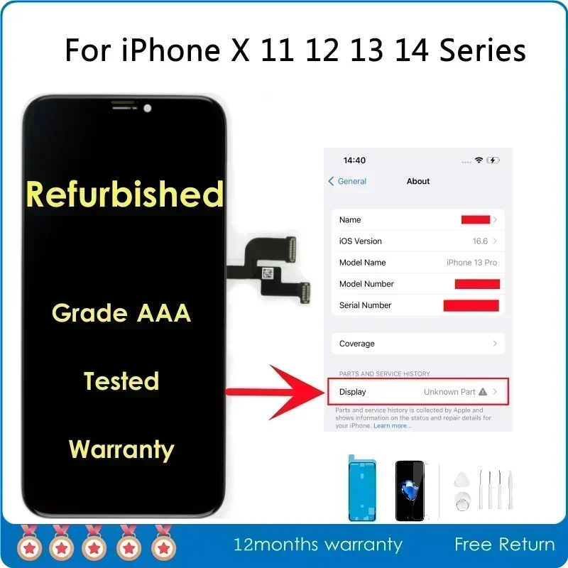 

Официальный отремонтированный экран AAA для iPhone X XR XS 11 12 13 mini 14 15 Pro Max ЖК-дисплей в сборе, сменное внешнее стекло, замененное
