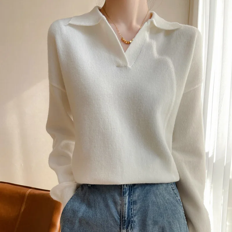 

2023 New Wool Knitwear Women Clothing Spring V-neck Lapel White Sweaters Warm Pullovers Woolen Vintage Jumper Tops