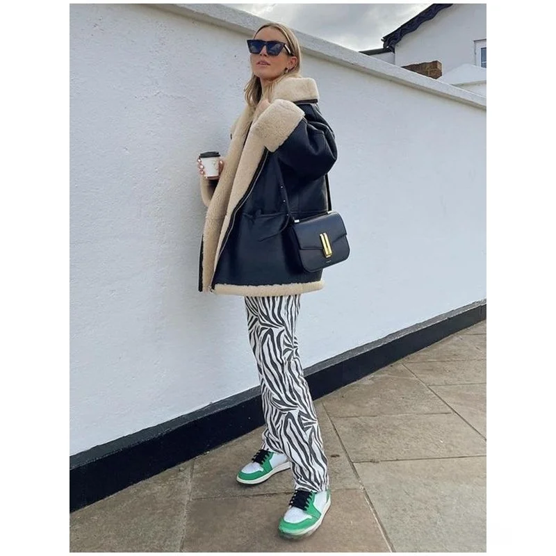 Elegancki płaszcz ze skóry ekologicznej z futrzanym kołnierzem dla kobiet, nowość na jesień i zimę, młodzieżowy, miejski, długi rękaw.