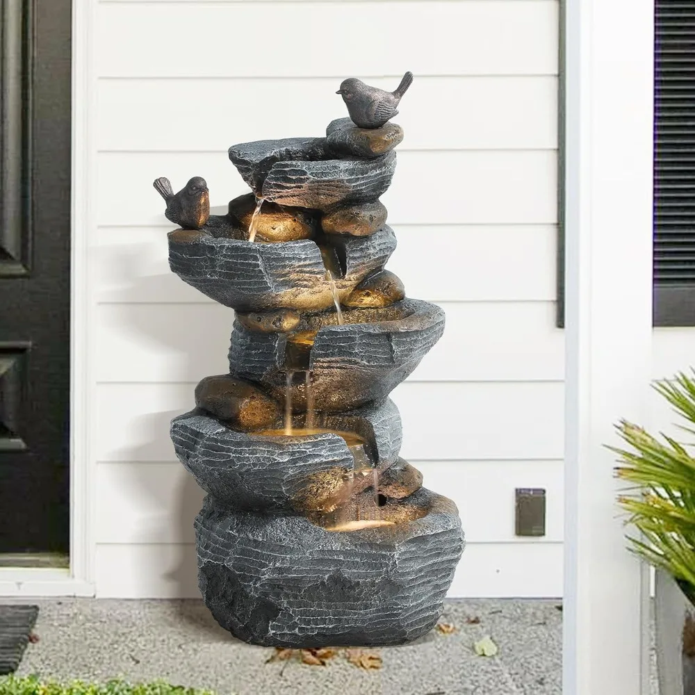 

5-Tiers Garden Waterfall Fountain Outdoor - Water Fountains and Waterfalls, Outdoor/Indoor Floor Standing Resin Water Fountain w