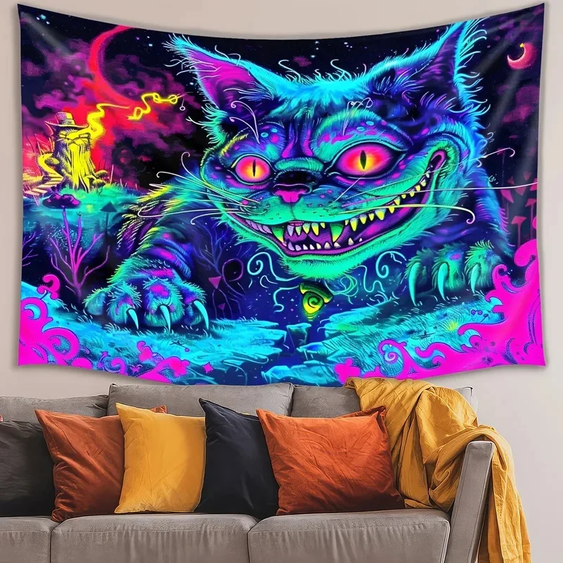 VIKAMA UV Reactive Cheshire Cat Tapestry Neon Psychedelic Fantasy Cat Print Wall Hanging Art Decor for Bedroom Home Decoration