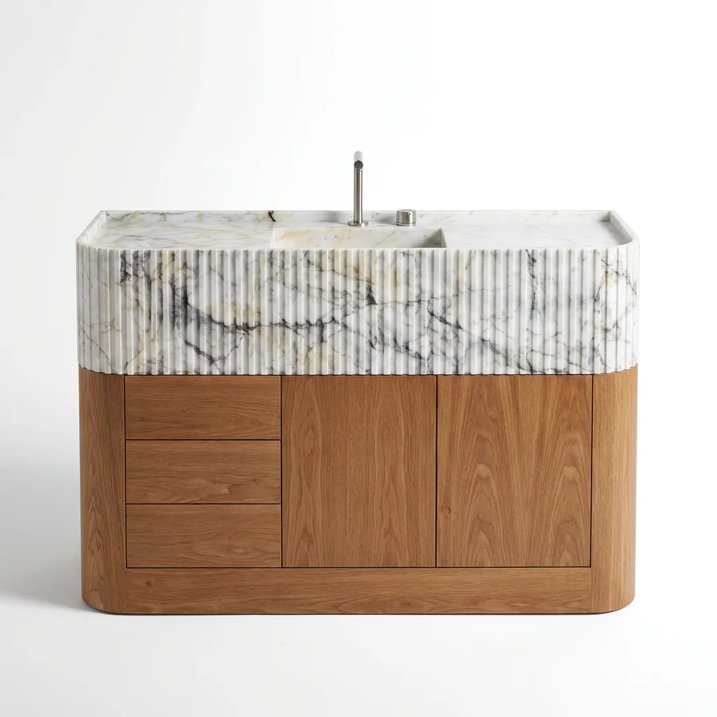 Custom Modern Rectangle Natural Marble Wall-Mounted Bathroom Vanity Fluted Facade Sink Factory Direct Wholesale