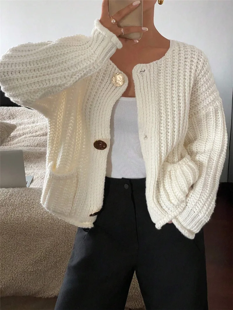 

Fashionable Women's Cardigan Loose Solid Color Round Neck Knit Single Breasted Long Sleeved Sweater Jacket For Autumn Winter