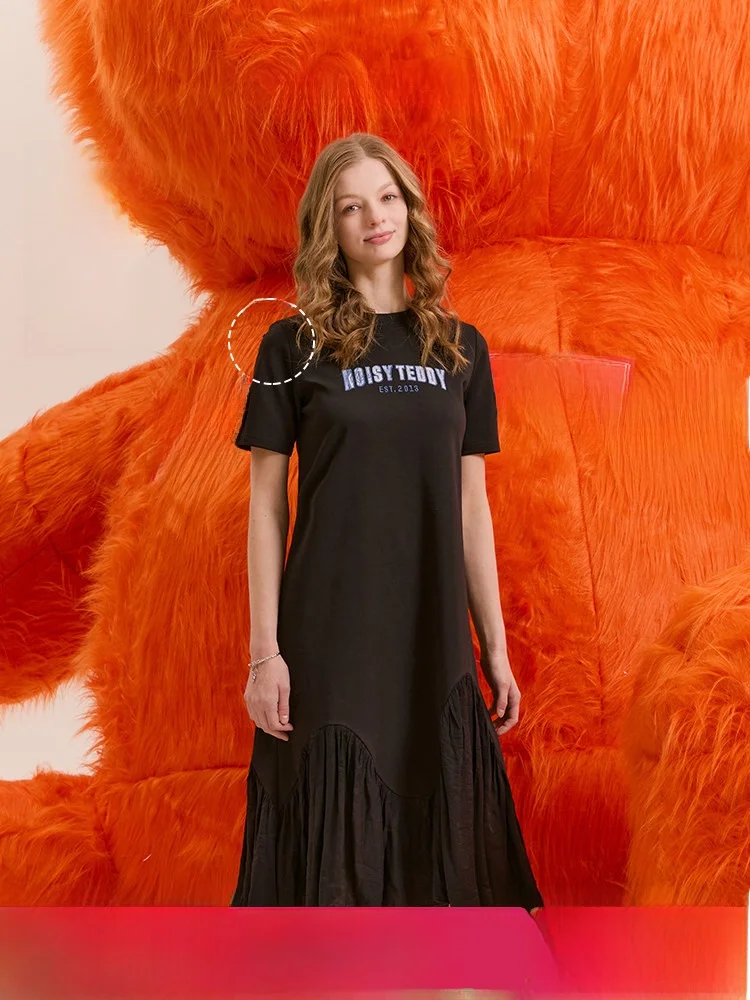 

Cute 3D Bear Summer New Sle Women's round Ne Dr Slimming A-Line Cotton Blend Casual Faionable Midi Dr