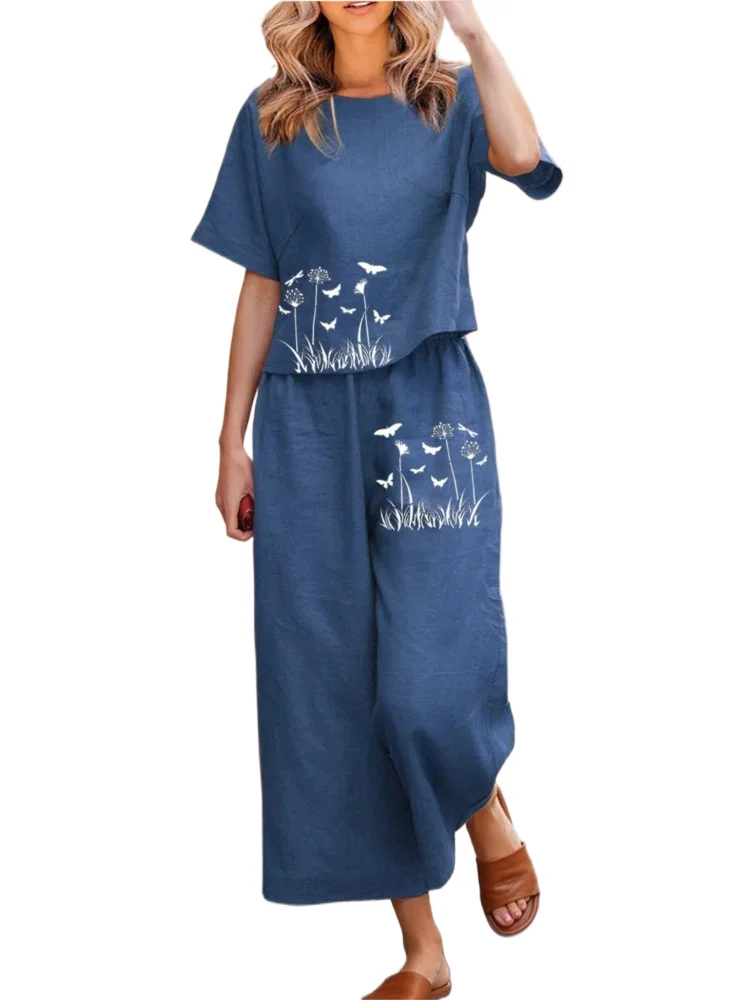 طقم تي شيرت نسائي بسيط برقبة دائرية وأكمام قصيرة فضفاض بأرجل واسعة بنطلون نسائي لربيع وصيف موضة غير رسمية جديدة طقم مكون من قطعتين