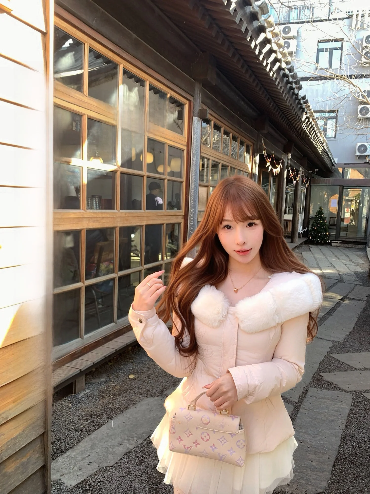 

Pink Cotton Jaet Women's Waist-Cinching Coat with Detachable Fur Collar Autumn Winter Kirauwu Commute Sle Nylon Fabric
