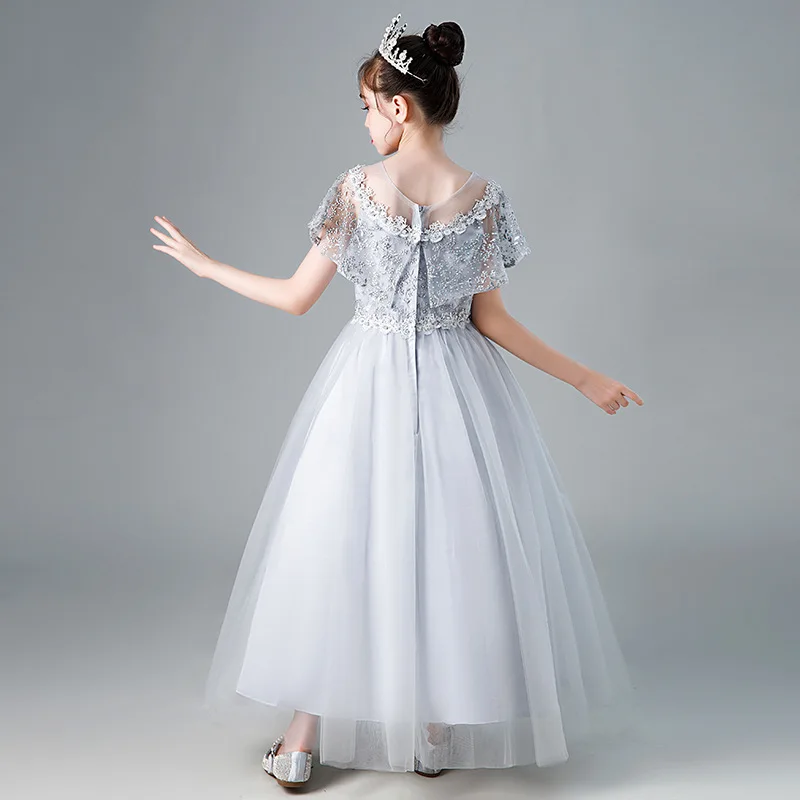 Children White Wedding Dresses 3 To 14 Years School Host Performance Costumes Teens Girls Birthday Party Princess Long Dresses