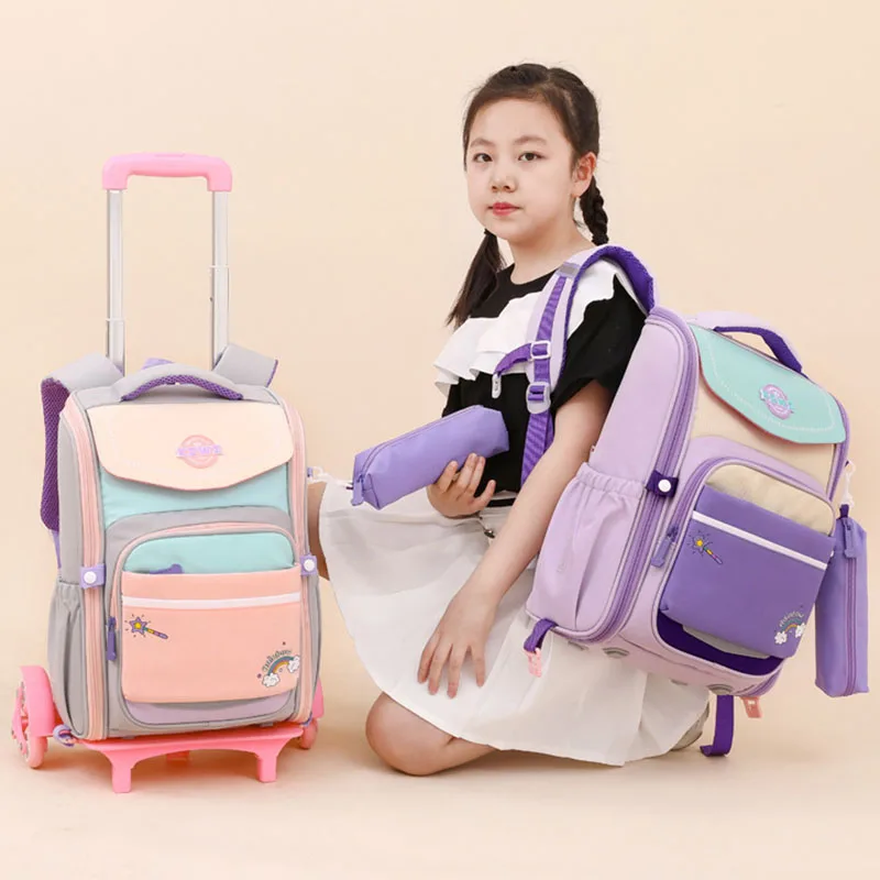 2025 New School Bags for Girls Backpack Trolley Mochilas Escolares Infantil Rolling Back-to-school Book Bag Children Back Pack