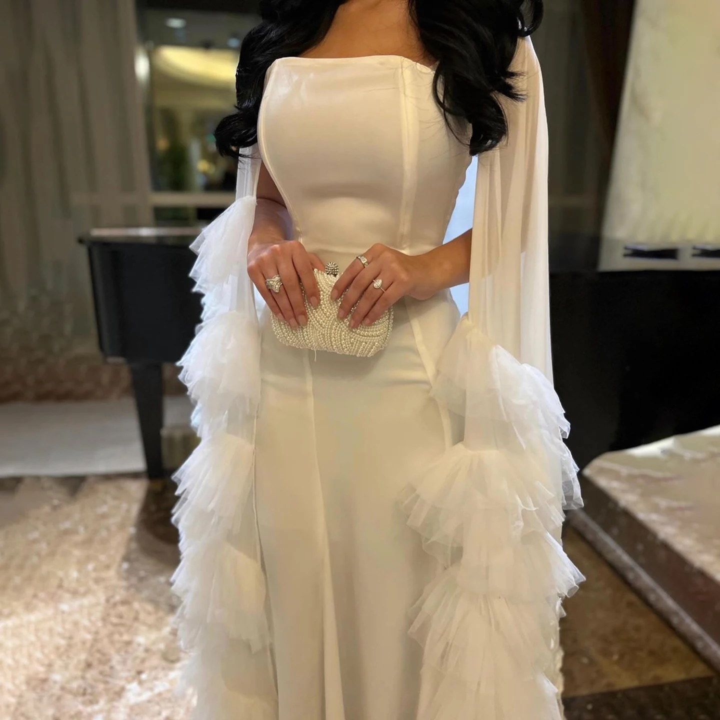 

Sharon Said Dubai Strapless White Ruffles Evening Dresses with 3D Flowers Cape for Women Wedding Formal Gown SF337 Customized
