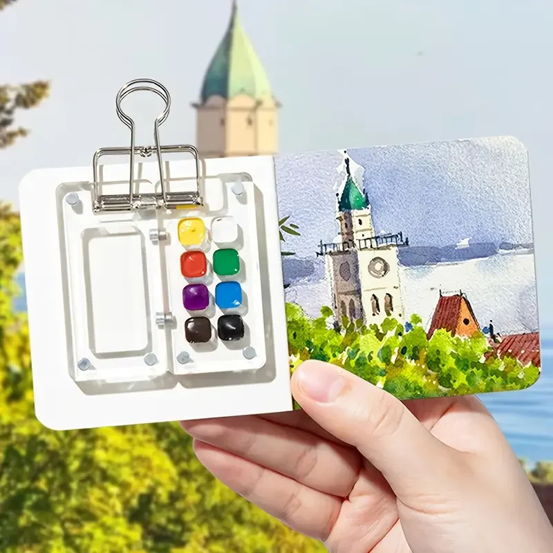 Mini-Aquarellfarben-Set aus klarem Acryl – 8-fach Palette mit 12 Farben, 6 Pinseln, Clips und Aquarellpapier-Notizbuch – Detail 5