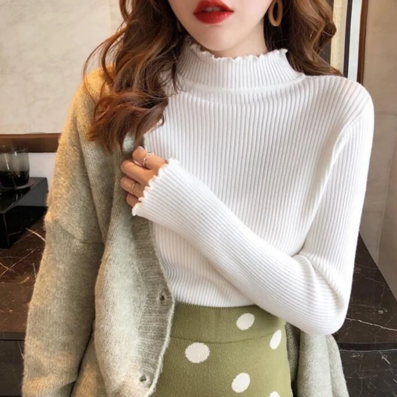 女性用ハーフハイカラーニットブラウス,ハーフハイカラー,カジュアルなモノクロプルオーバー,スリムフィットのセーター,秋冬