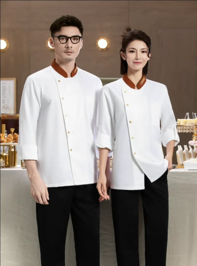 Chaqueta de Chef blanca de manga larga, uniforme de Chef de restaurante, camiseta de Chef, uniforme de trabajo de panadero, abrigo de cocinero de Hotel, ropa con logotipo para mujer
