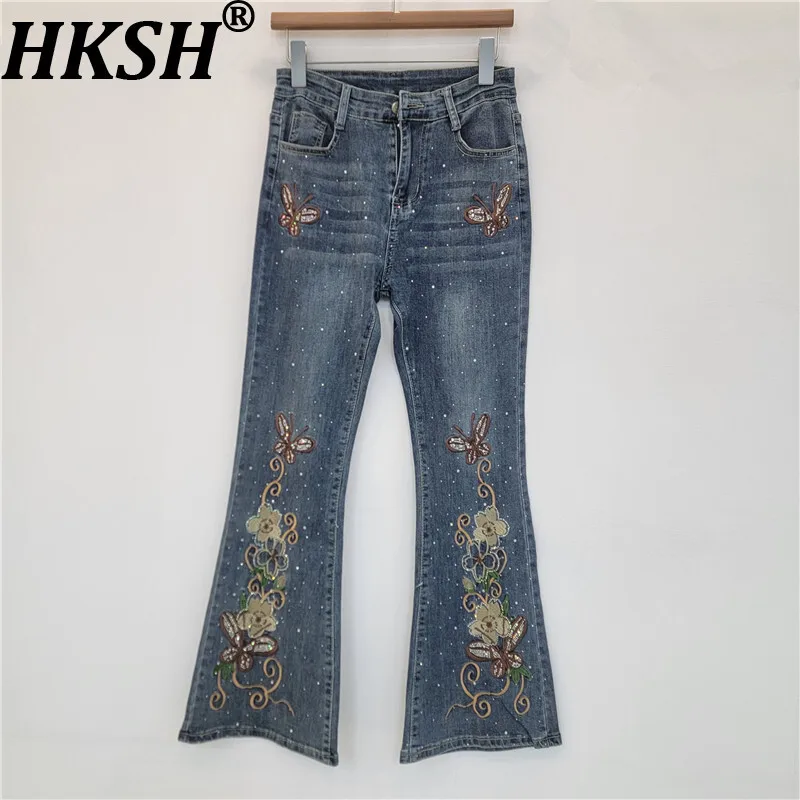 

HKSH весна осень новые женские расклешенные джинсы с вышивкой и бриллиантами облегающие элегантные уличные брюки Y2K джинсовые брюки HK16067
