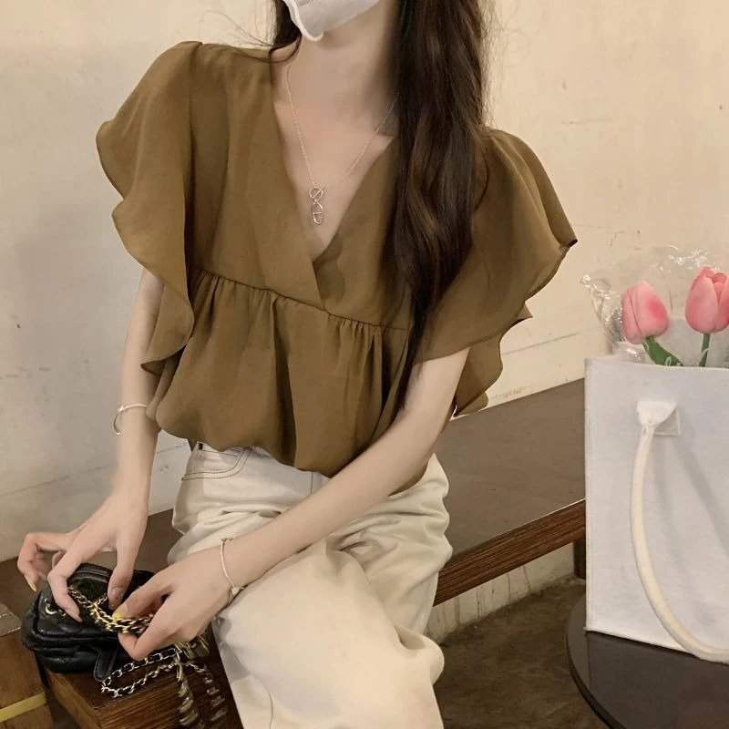 Korean Vintage High End V Neck Fly Sleeve Shirts Y2k Draped Loose All Match Women Blouse Harajuku French Casual Punk Clothes