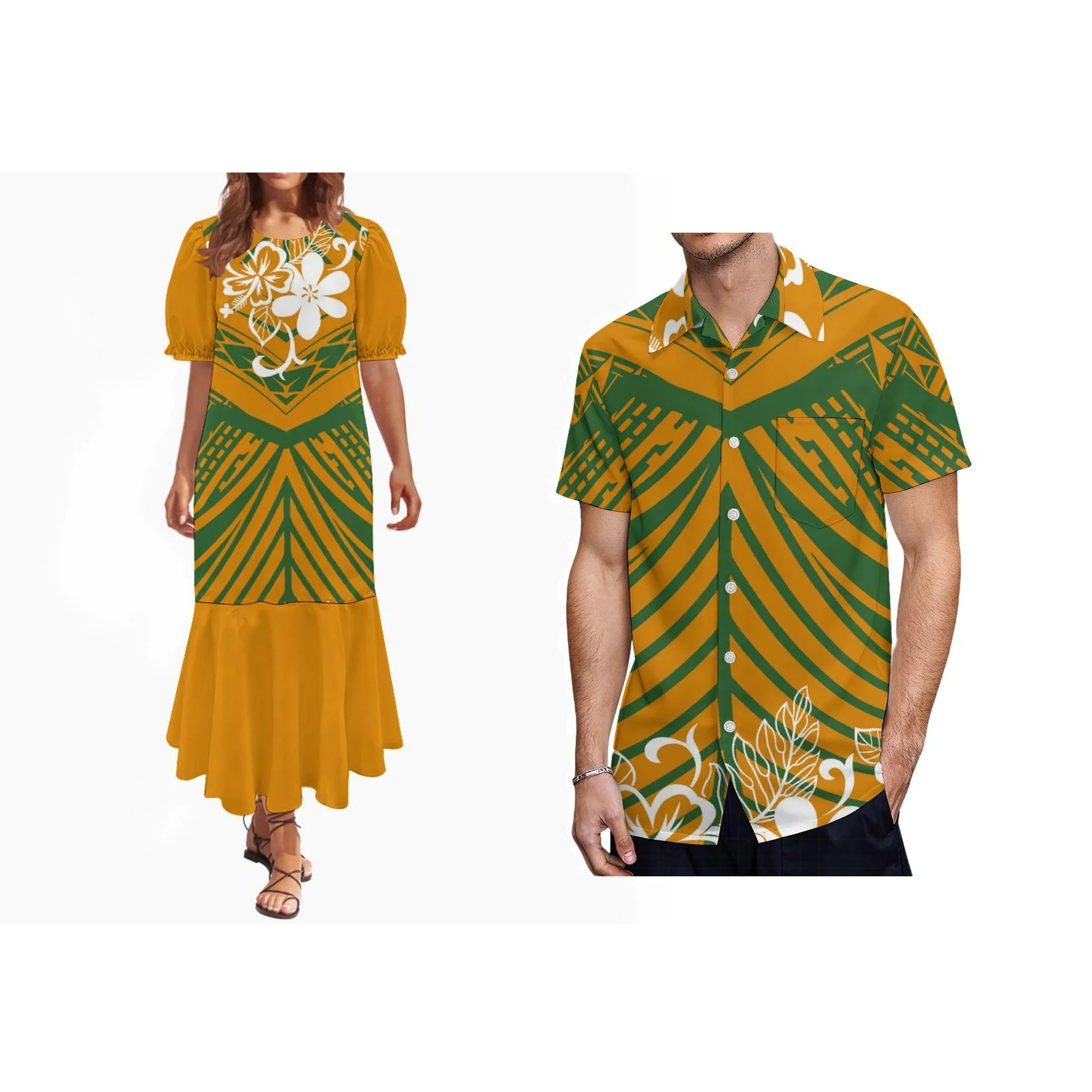 

Комплект одежды для пар с индивидуальным дизайном в стиле островов Тихого океана: женское платье-муму с разрезом «рыбий хвост» и мужская рубашка с жестким воротником (дизайн Микронезии)