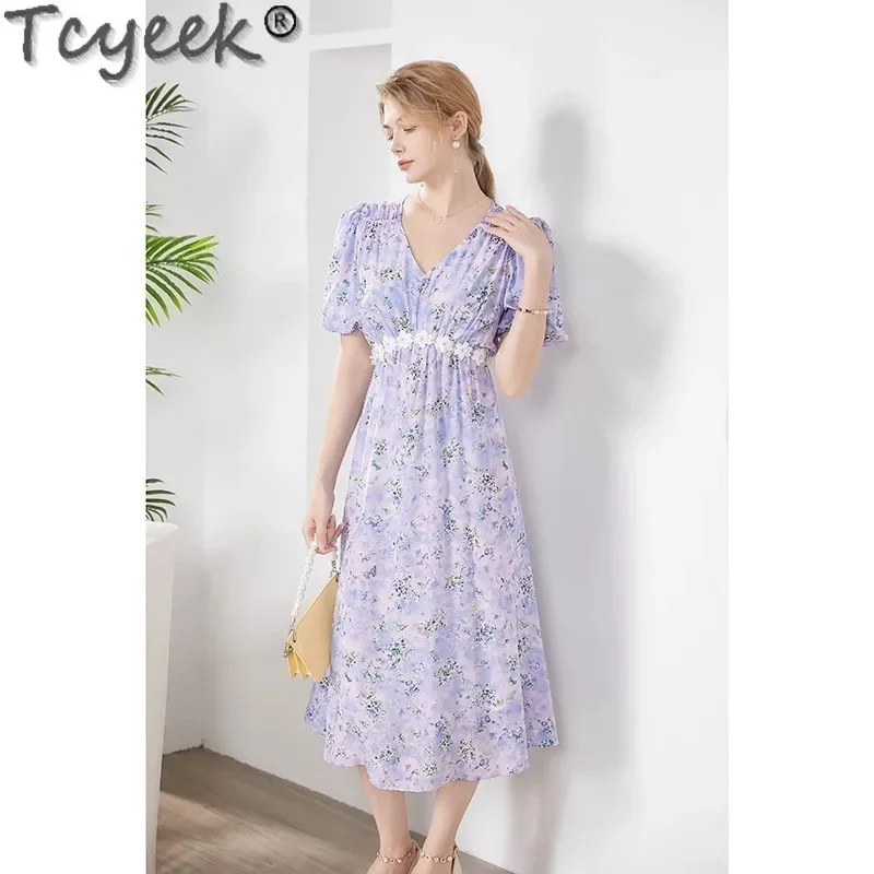 100% Tcyeek Real Mulberry Silk for Women Spring Summer Clothes Elegant and Pretty Women's Dresses High-end Floral Dress