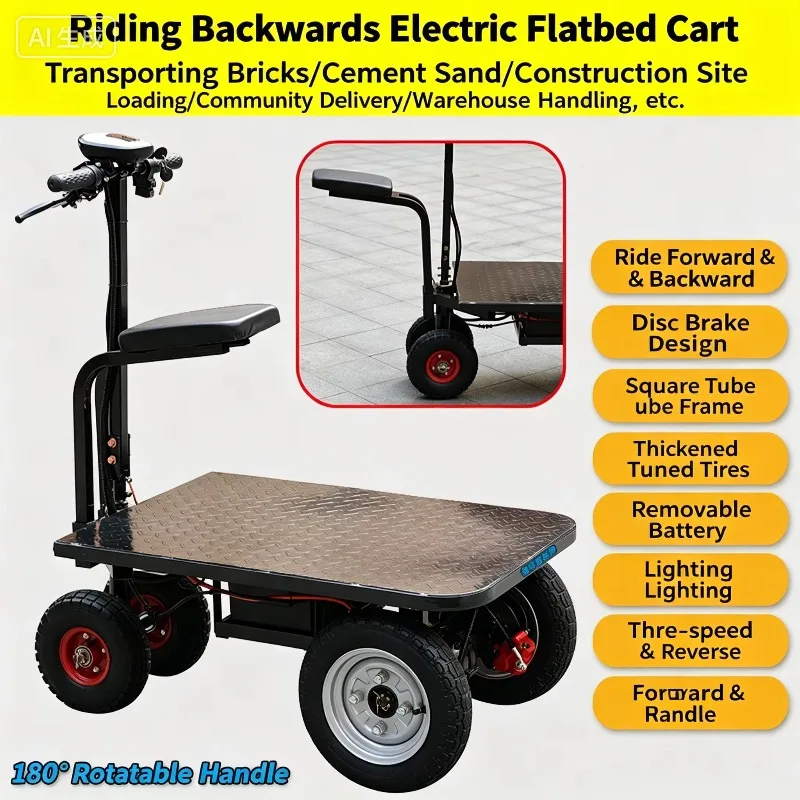 Sit-on Industrial Electric Flatbed Cart Rear Seat Design 800kg Capacity High-Visibility Powered Platform Truck Heavy Loads