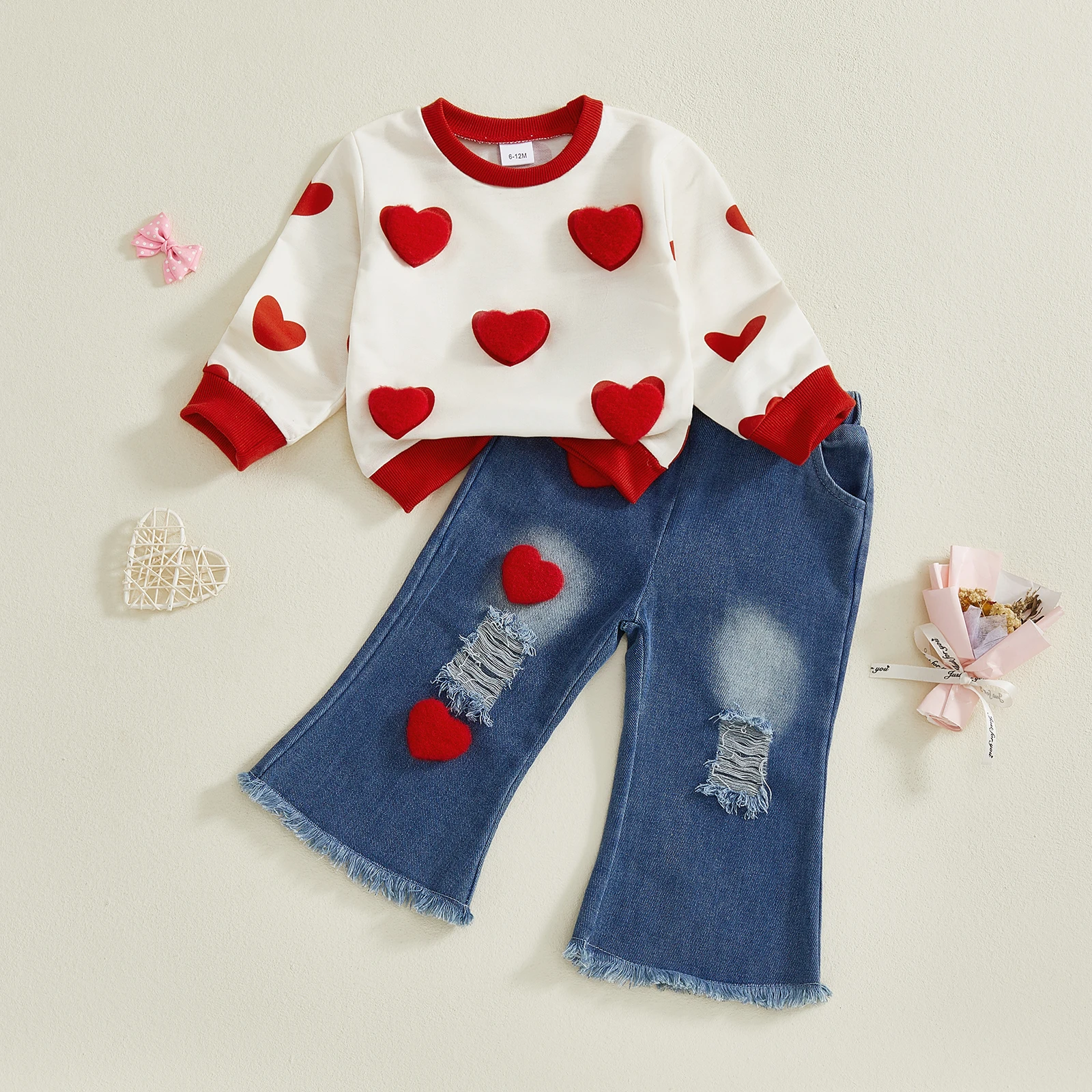 1-7Y Little Girls Valentines Day Outfit Heart Long Sleeve Sweatshirt Ripped Jeans 2 Piece Children's Sets