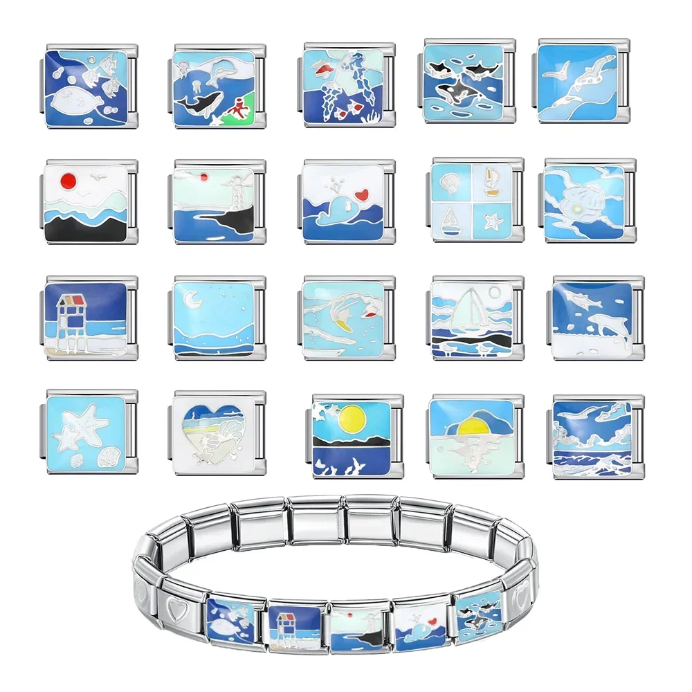 Fashion Blue Series Ocean Beach Whale Sunrise Italian Charm Link Fit 9mm Stainless Steel Bracelets DIY Beads For Jewelry Making