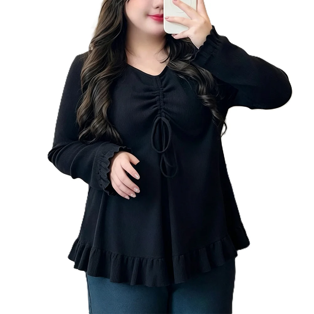 Women Solid Color Loose Drawstring V-Neck Long Sleeve Tops T-Shirt Suitable For Plus Size Spring And Autumn