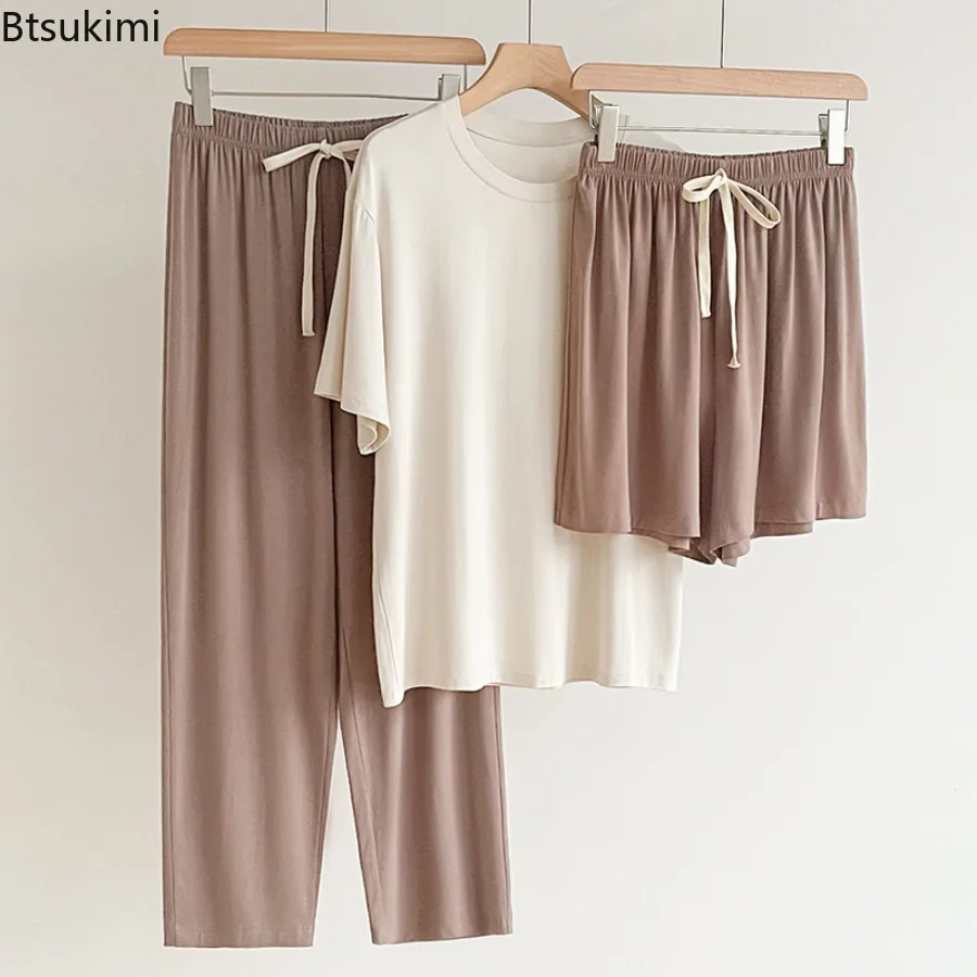 New Women's Spring Summer Simple Lazy Style Pajama Set Loose Thin Comfortable Elastic Pants Three Piece Set for Home Wear Female
