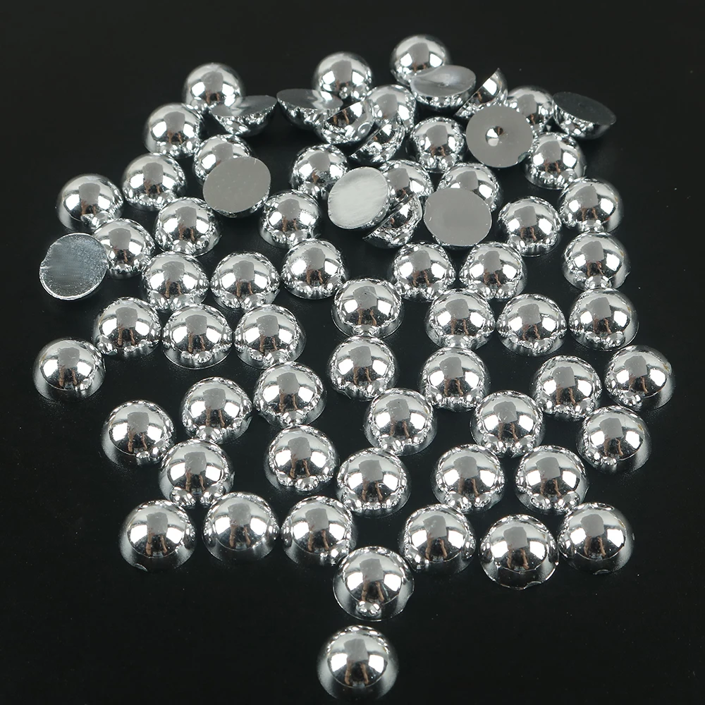 Flat Back Round Pearl Beads Silver Color ABS Pearls Imitation Beads Stone Silver Colors For DIY Craft Making Decoration Stones