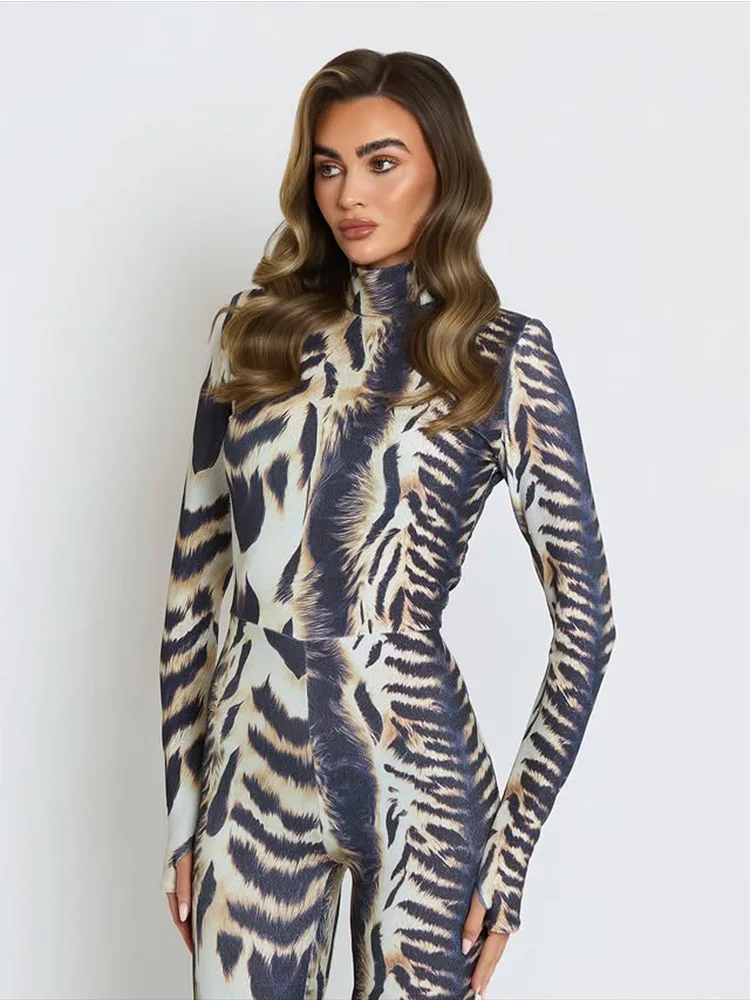 CNYISHE タイガーストライププリント秋の女性ジャンプスーツトレンディシックフィットネスセクシークラブパーティーシースファッショントムパーズ女性長袖