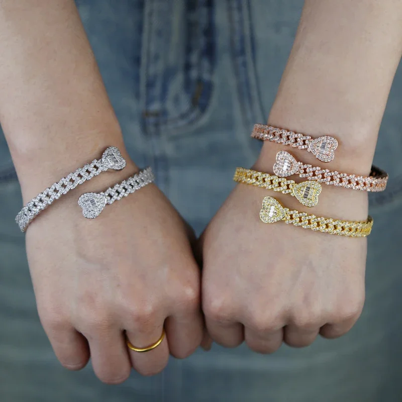 Iced Out Cuff Bangle Paved Setting Bling Cz Cubic Zirconia Wrist Cuban Chain Link Bransoletki Moda Hip Hop Biżuteria dla kobiet — zdjęcie 6