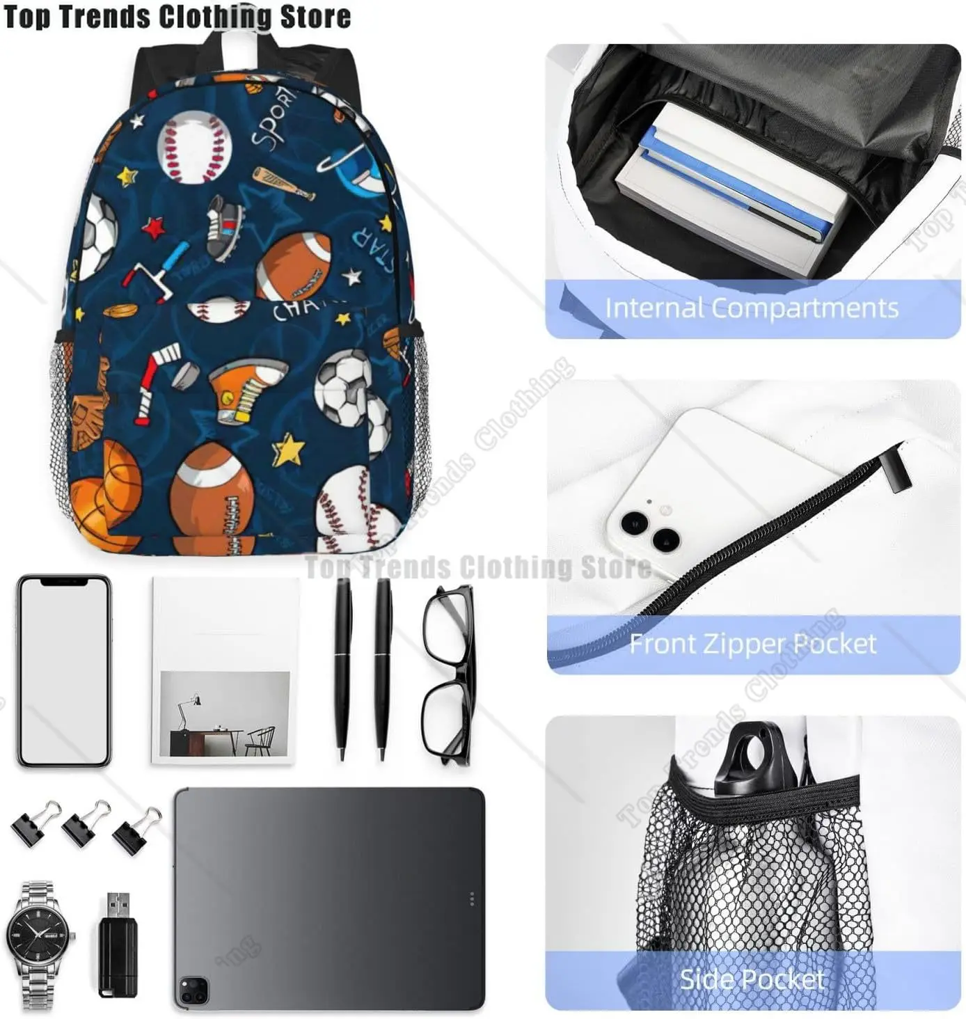 حقيبة ظهر رياضية للكبار مطبوعة بألعاب البيسبول متعددة الاستخدامات للعمل والمشي لمسافات طويلة وحقيبة ظهر مقاومة للماء ومقصورة الكمبيوتر المحمول