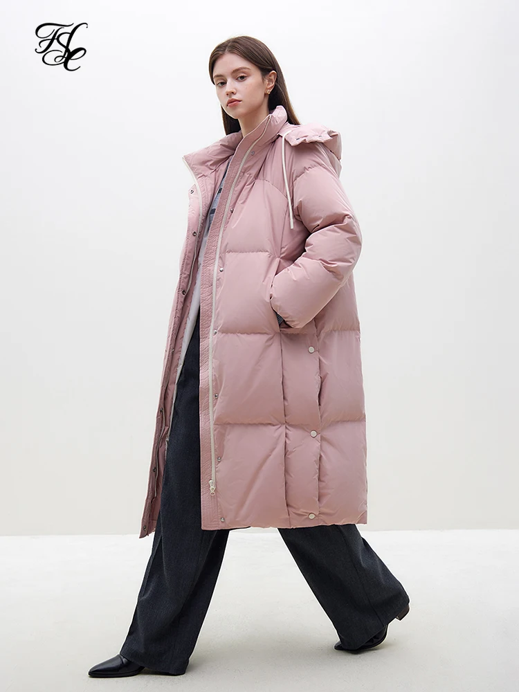 

FSLE 142G Filling Capacity Hooded Long Women Pink Down Jackets 2023 Winter New Casual Detachable Hood Khaki Female Down Coat