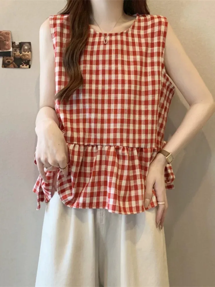 Black White Plaid Sleeveless Vest Shirt Women Summer New Anti Aging Outerwear Belly Cover Puffy Doll Top Ladylike Commute Sty...