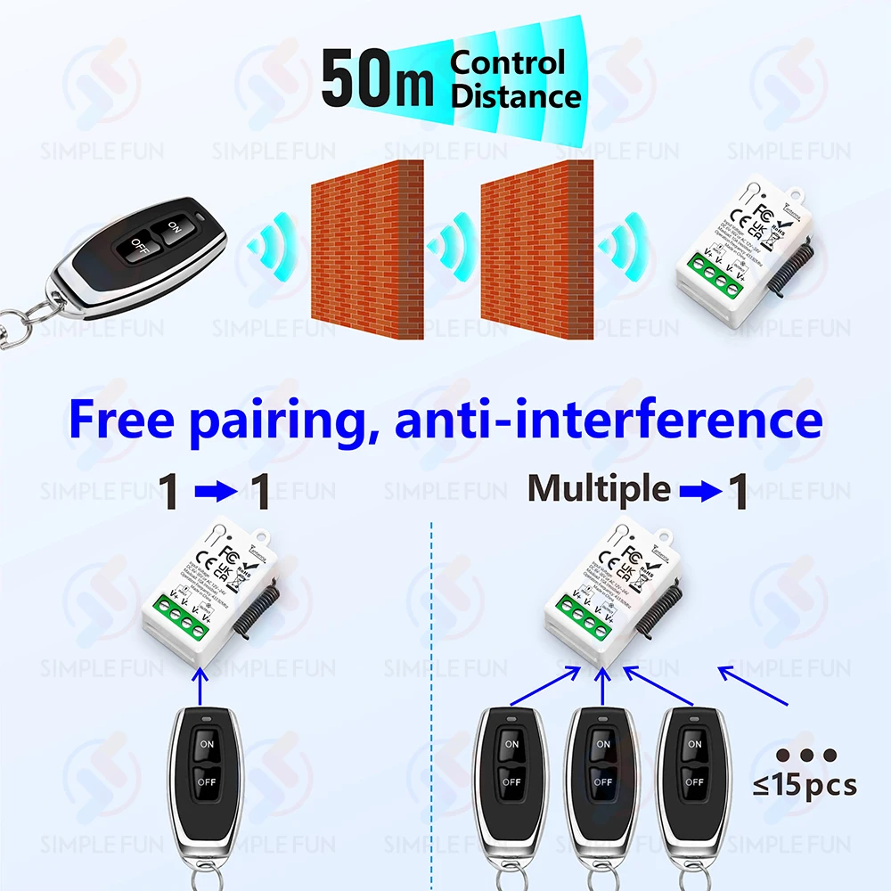 433 ميجا هرتز لاسلكي للتحكم عن بعد التبديل تيار مستمر 6 فولت 12 فولت 24 فولت 30 فولت 36 فولت 10A استقبال التتابع 50 متر الارسال ، لمضخات LED مروحة قفل مغناطيسي