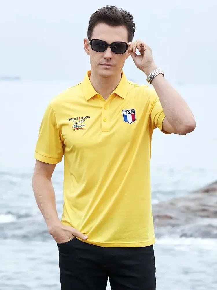 Summer New Casual Men's Yellow Polos Short Bruce&Shark Loose Straight Men's Lycra Polo Shirt Breathable Luxury Big size 4xl