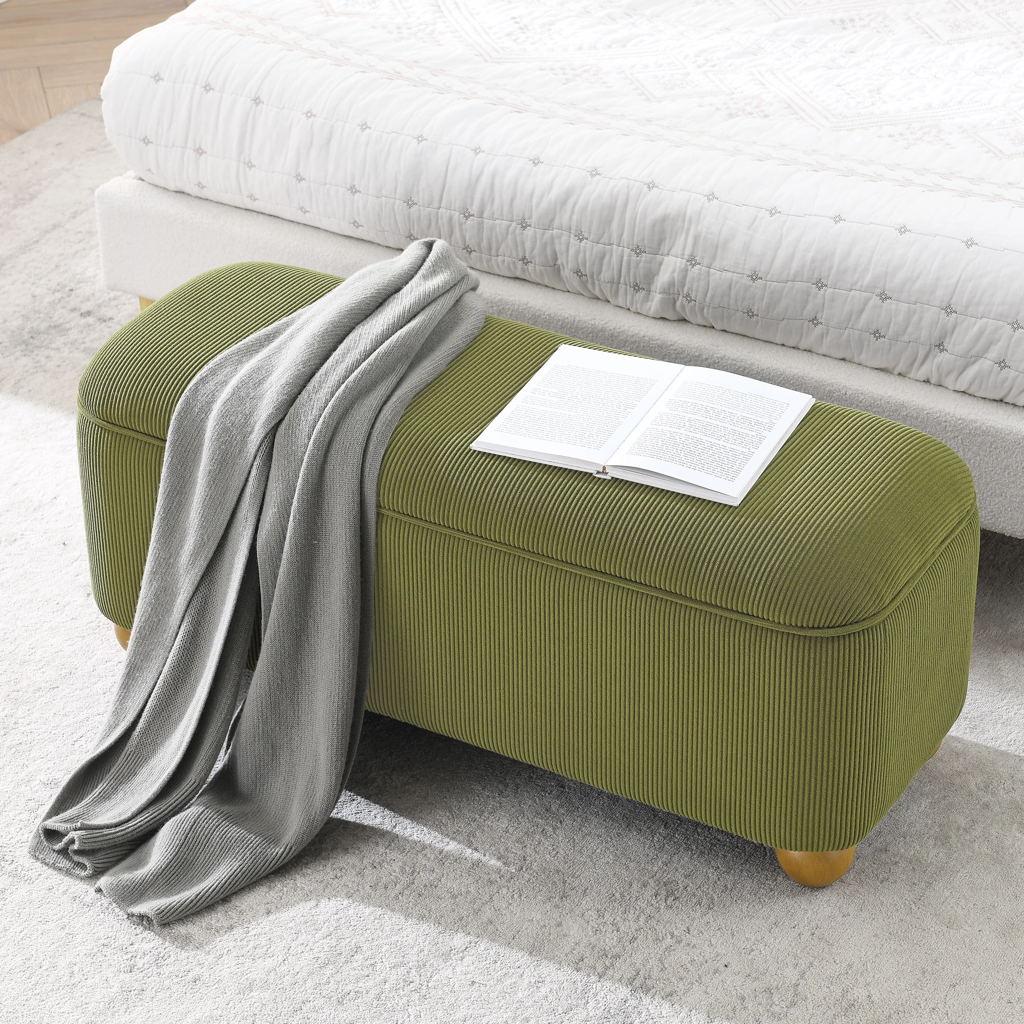 Flannelette Fabric Storage Ottoman Bench, Cushioned Bed End Ottoman with Storage and Seat, Ideal for Bedrooms, Living Rooms