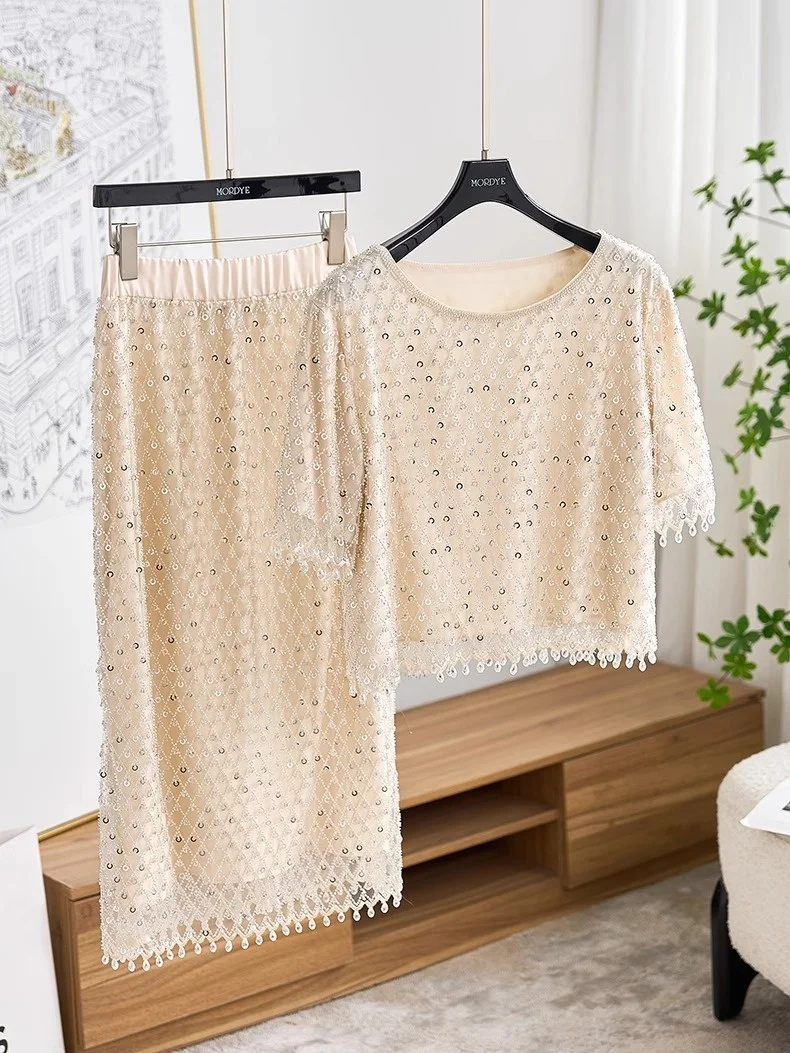 

Korean Drama Main Female Lead Feelings Heavy Embellishment Fringe Top Skirt Set Two Piece Set Polyester Fiber Short Sleeve ro...