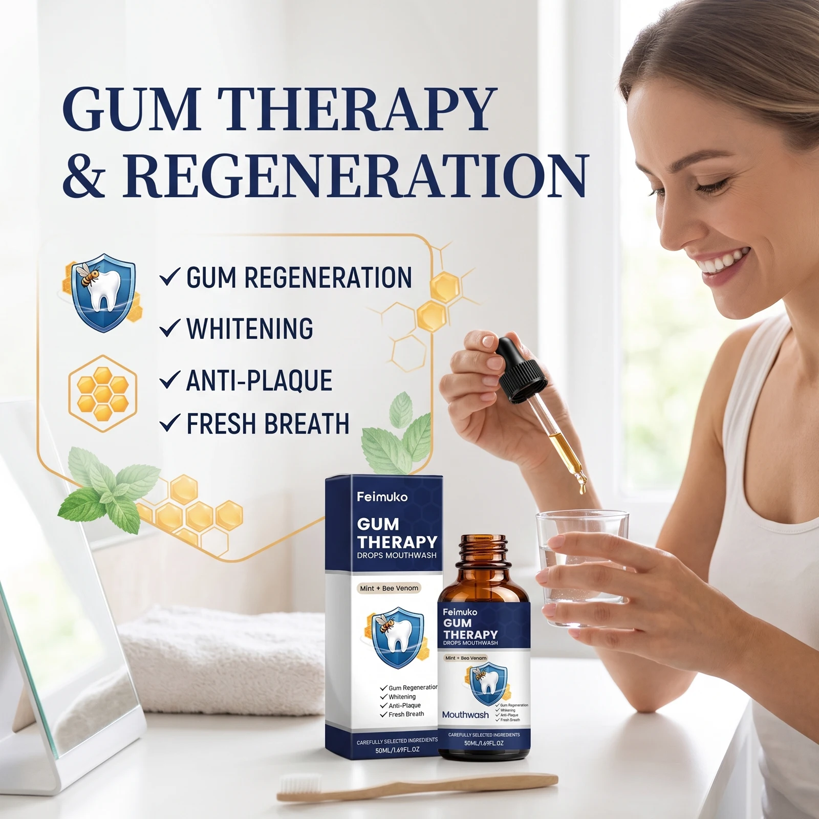 Feimuko Bee Venom Gum Therapy Drops Mouthwash Gentle Cleansing Refreshing Gums Fresh Breath Daily Oral Health Care Liquid Rinse