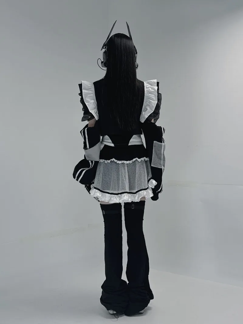 Unique Design Japanese Style New Casual Top Coat Camisoles Short Pants Suit Light Mechanical Black And White Color 3-Piece Sets