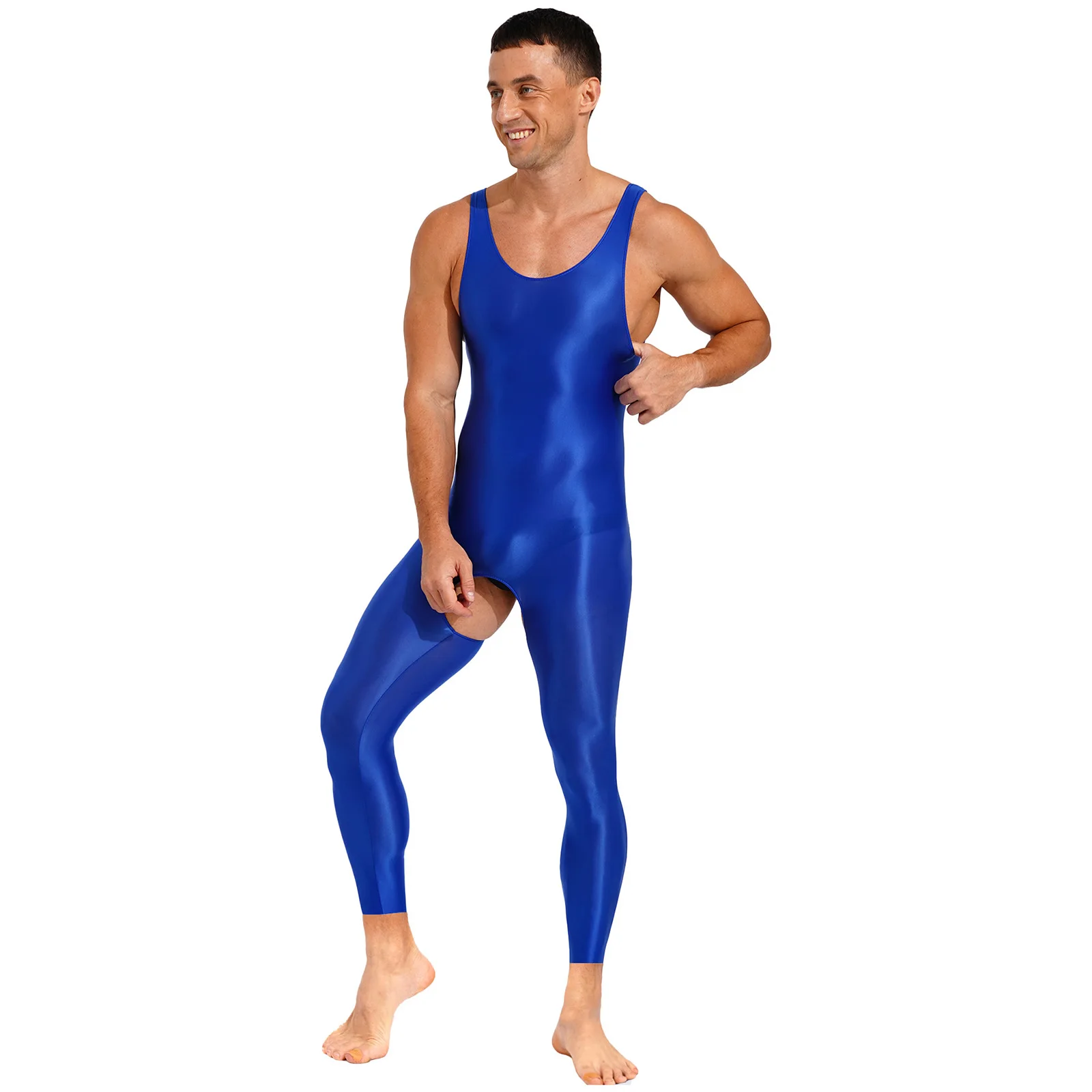 Mens Lingerie One Piece Glossy Open Crotch Tights Close-fitting Jumpsuits Solid Color Stretchy U Neck Sleeveless Bodysuit