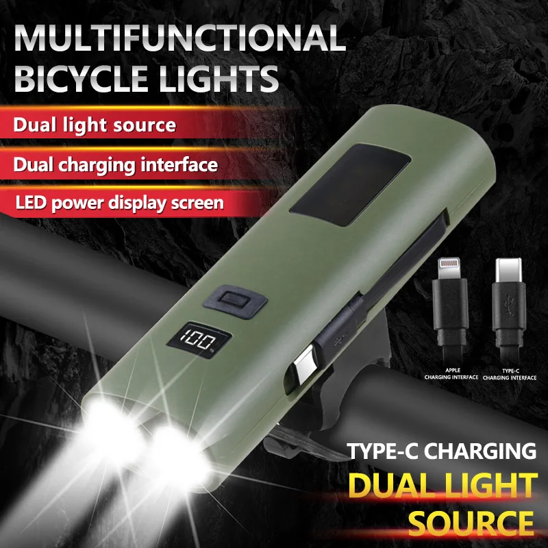 5000LM Bike Light 1200mAh Power Bank Type-C Charging Front Lamp Bicycle Headlight MTB Road Cycling Flash Highlight