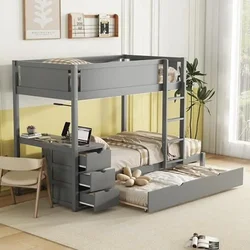 Twin Over Twin Bunk Beds with Desk Storage Drawers Trundle Charging Station Kids Teens Girls Gray Wood Frame 65.4